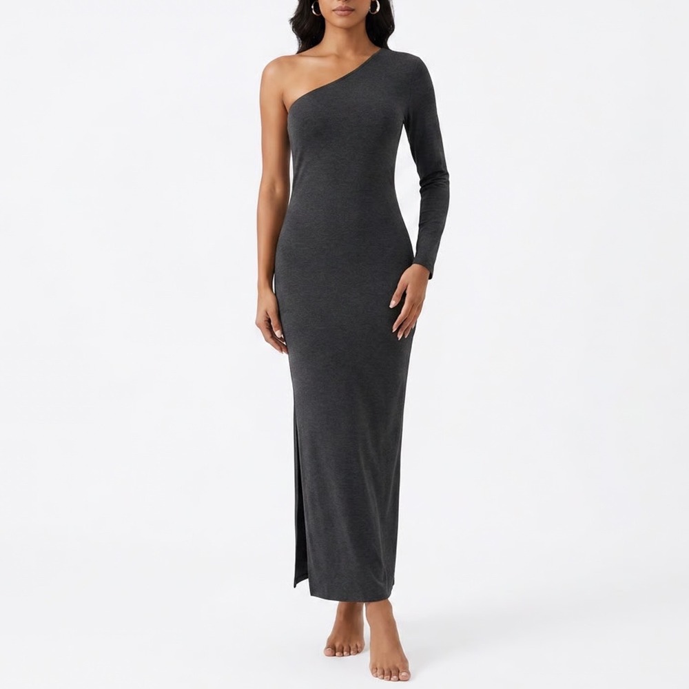 Black One Shoulder Maxi Dress Long Sleeve Side Slit Minimalist Medium
